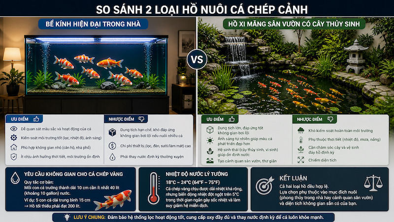 Hồ kính nuôi cá chép vàng trong nhà và hồ xi măng ngoài sân